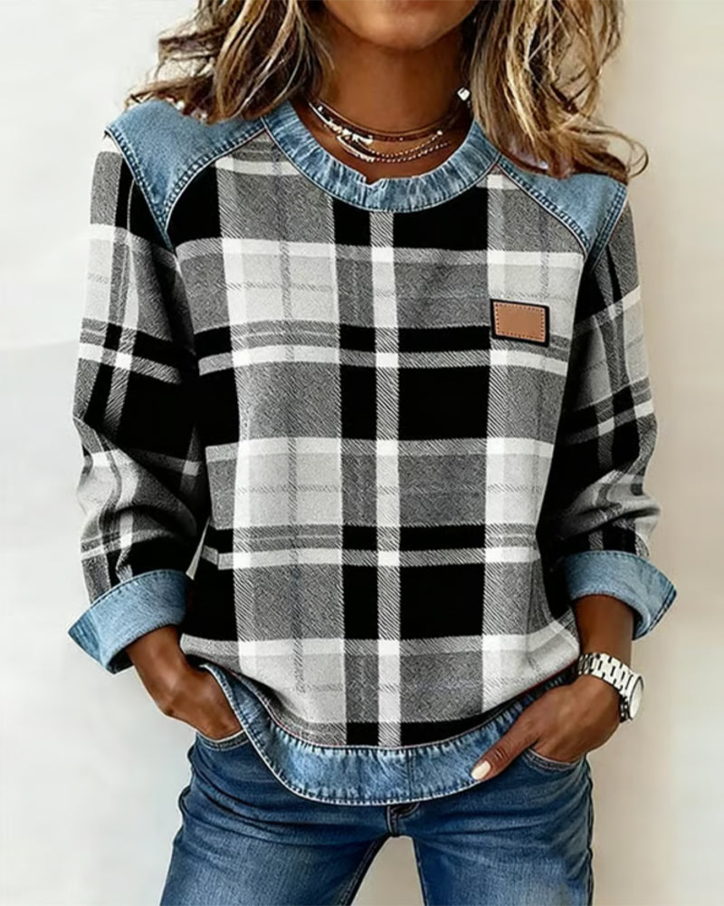 Modna Bluza z Kraciastym Patchworkiem