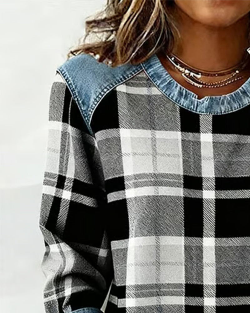Modna Bluza z Kraciastym Patchworkiem