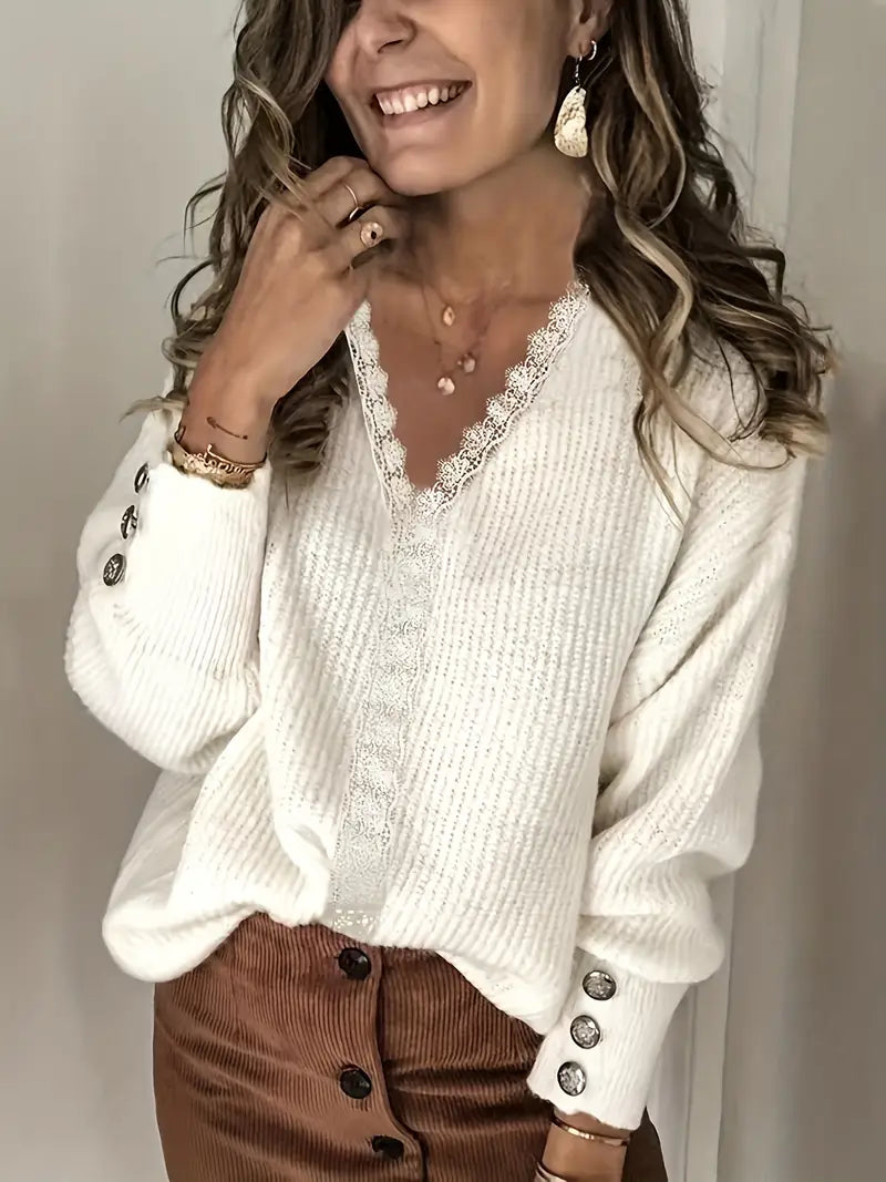 Rozelyn - Elegancki sweter w sploty z dekoltem w kształcie litery V